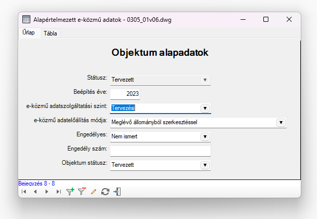 Objektum alapadatok űrlap Objektum alapadatok űrlap