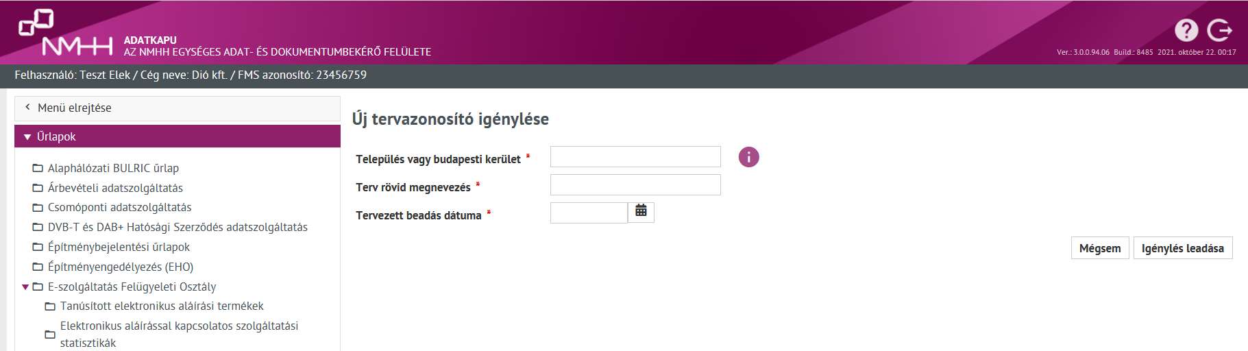 Új tervazonosító igénylése felület Új tervazonosító igénylése felület
