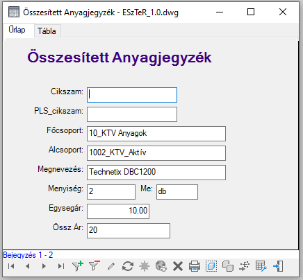 Összesített anyagjegyzék űrlap Összesített anyagjegyzék űrlap