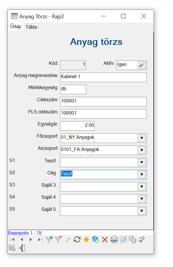 Az Anyag Törzs jellemző űrlap Az Anyag Törzs jellemző űrlap