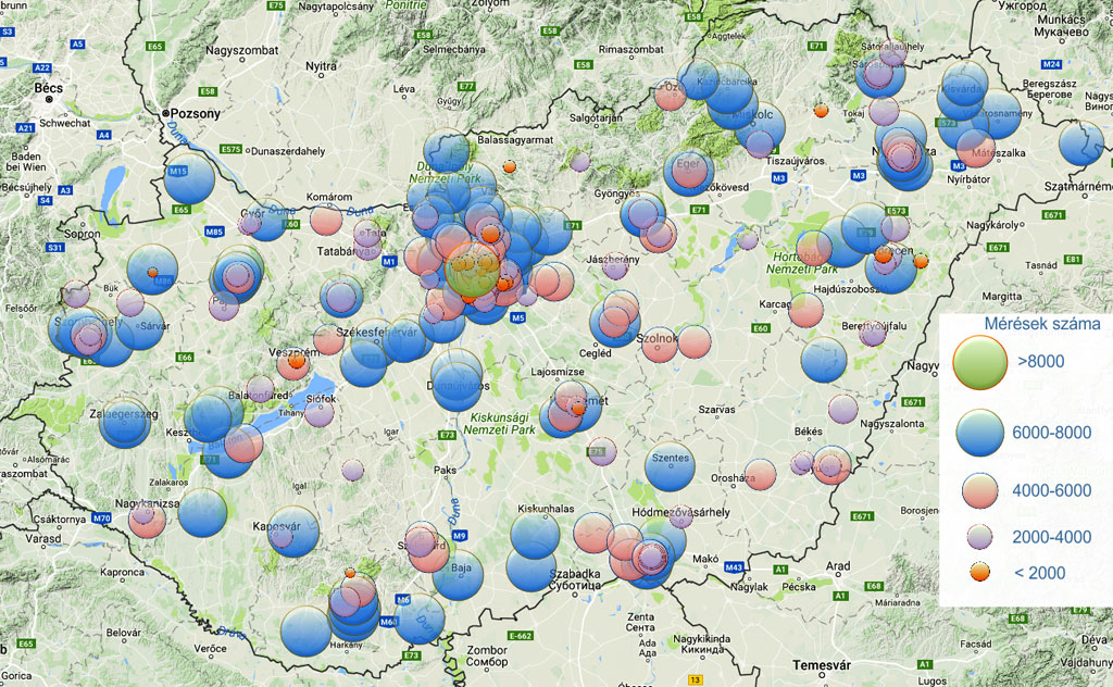 Térkép az NMHH szélessávmérő programjának mérési adatokat szolgáltató pontok földrajzi elhelyezkedéséről