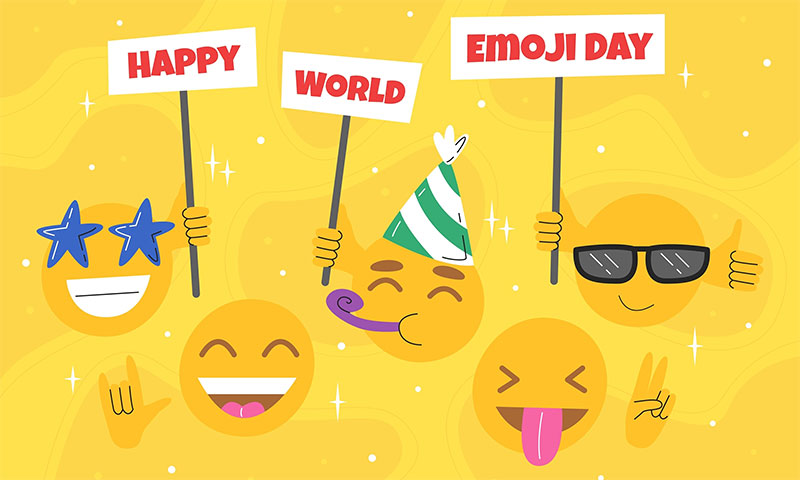 Színes vonalrajz emojikkal. A három fejecske Happy World Emojy Day feliratú transzparenseket tart a kezében.