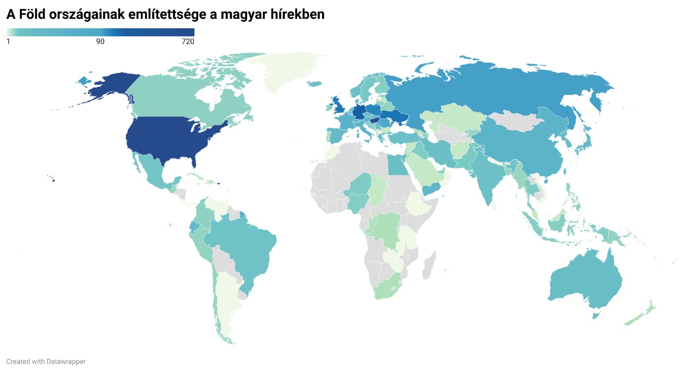 A Föld országainak említettsége a magyar hírekben. Az adatok letölthetőak az alábbi linken: https://infogram.com/a-fold-orszagainak-emlitettsege-a-magyar-hirekben-1h0r6rzeor3rl4e?live