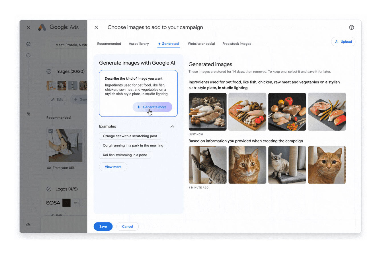 A Google teljesítménymaximalizáló kampányának képek létrehozására és kiválasztására szolgáló felülete.