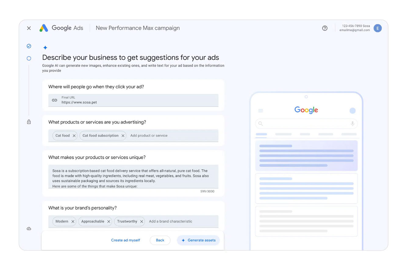A Google teljesítménymaximalizáló kampányának beállításai közül a képen a vállalkozás adatainak megadására szolgáló felület látható