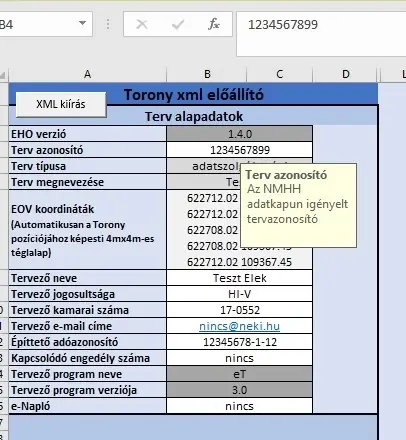 Képernyőfelvétel: példa a Torony_v5_xlsm fájlnevű állomány Torony című lapfülén található fehér hátterű mezőre, amelybe be kell írni az adatokat.
