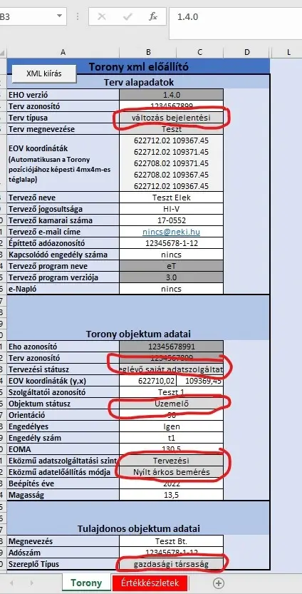 Képernyőfelvétel: példa a Torony_v5_xlsm fájlnevű állomány Torony című lapfülén található világosszürke hátterű mezőre, amely adatok listából történő kiválasztását teszi lehetővé