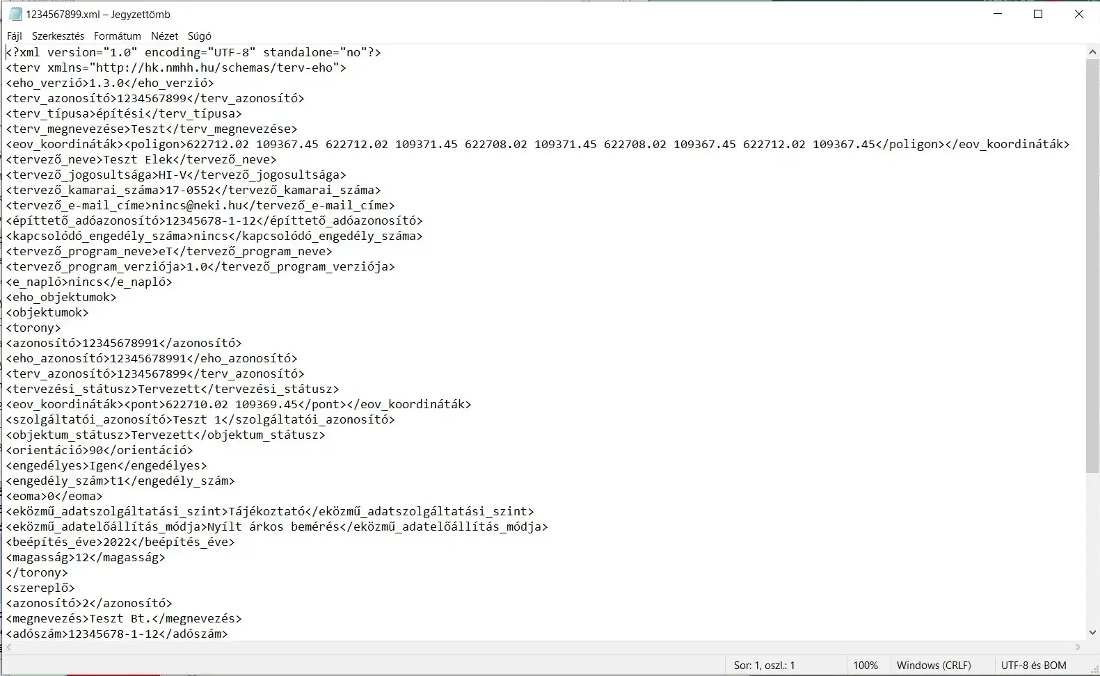 Képernyőfelvétel a megírt XML-fájlról