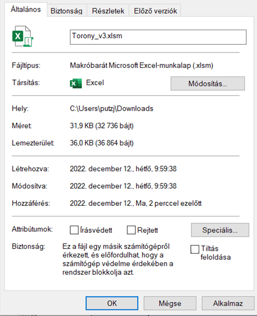 Képernyőfelvétel az Excel program Tulajdonságok/Általános című lapfülről, ahol az ablak jobb alsó sarkában található a Tiltás feloldása című jelölőnégyzet. A négyzet bejelölése.