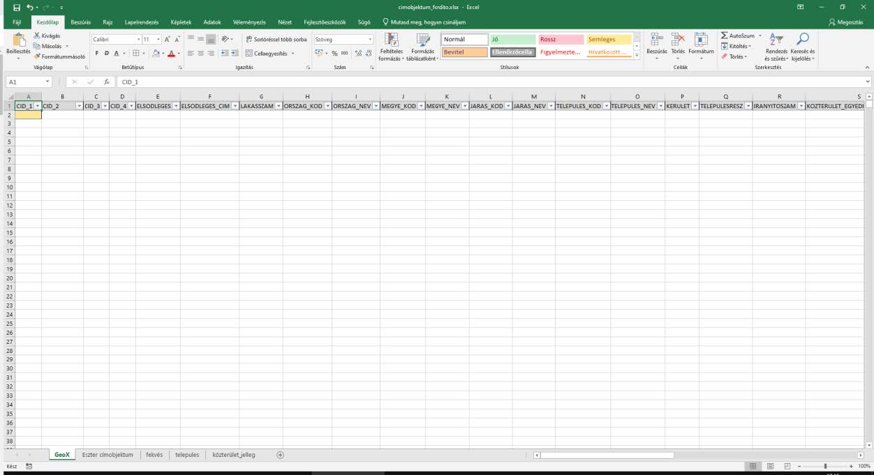 Az Excelben megnyitott cimobjektum_fordito.xlsx nevű fájl képernyőképe