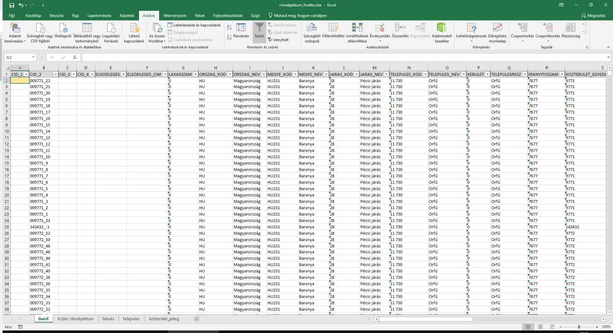 Képernyőkép: a cimobjektum_fordito.xlsx' nevű fájlba beillesztett, pontosvesszővel tagolt adatok átalakítása Excel-típusú táblázattá – 4. lépés.