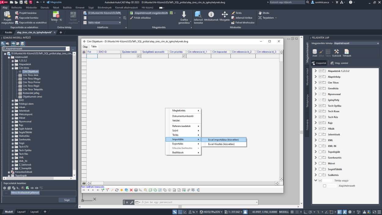 Képernyőkép: az 'Excel importálása (közvetlen)' parancs kiválasztása az AutoCAD programban.