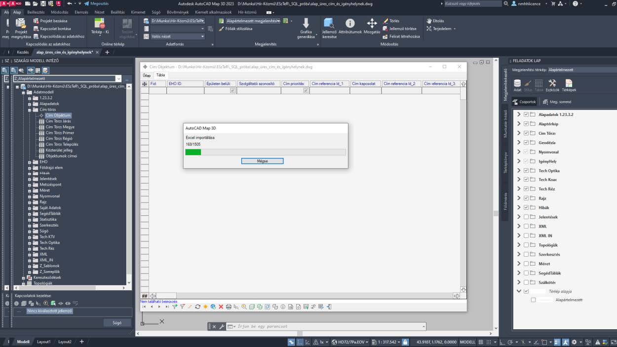 Képernyőkép: az 'Excel importálása' folyamatjelző ablak az AutoCAD programban.