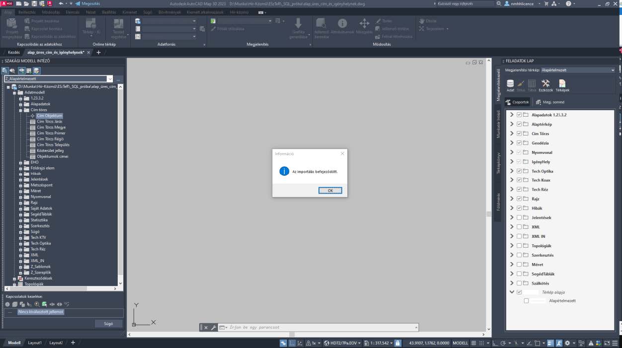 Képernyőkép: az 'Excel importálása' folyamat befejezését jelző ablak az AutoCAD programban.